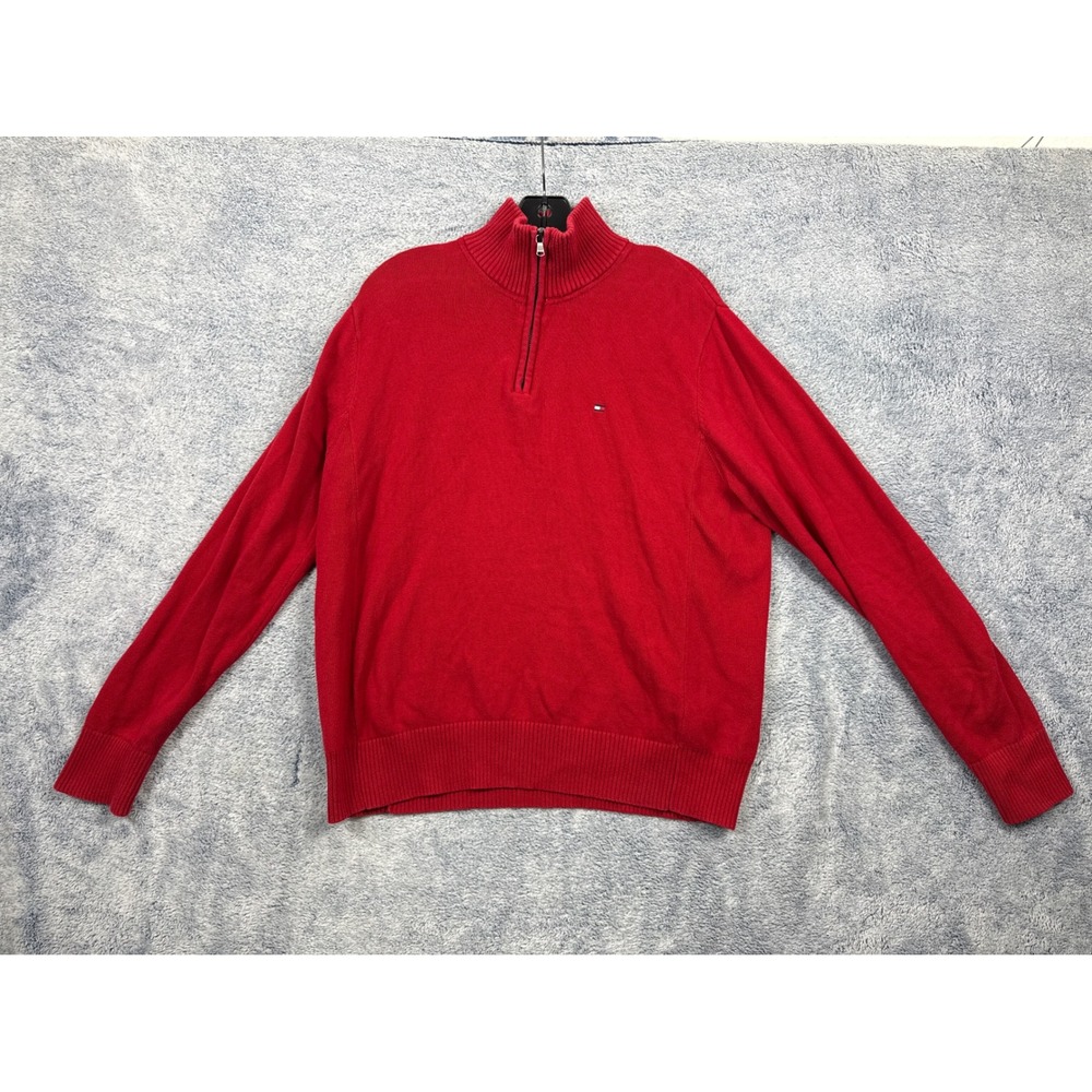 Tommy Hilfiger Mens Large Red Quarter Zip Cotton Knit Sweater Mock Neck Logo